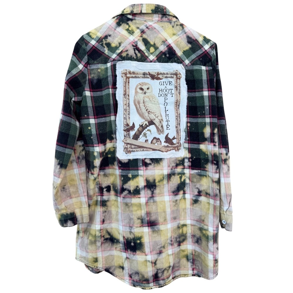 Distressed Flannel Shirt Dress w Owl Save the Planet‎ Patch | Women's L